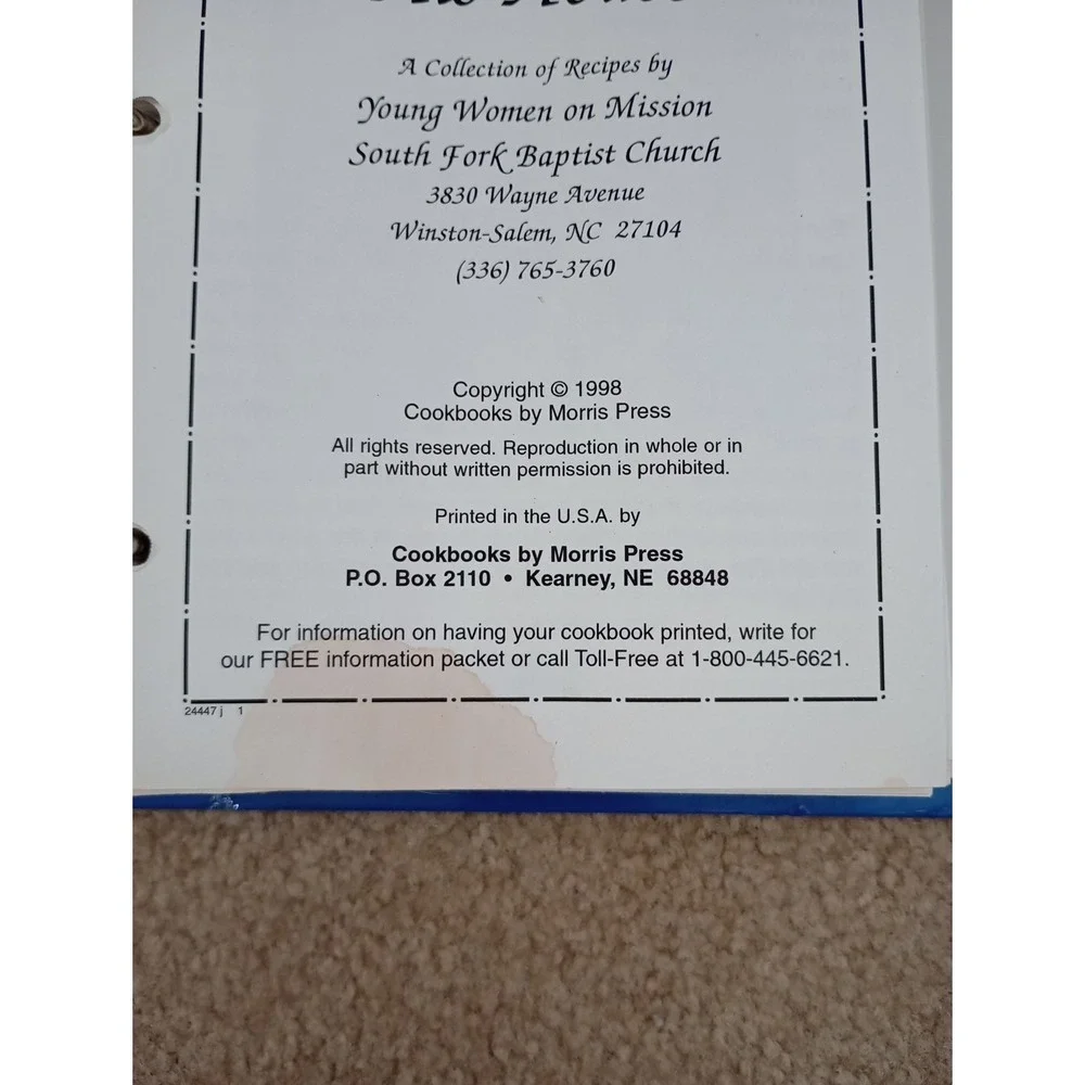 Recipes Cookbook South Fork Baptist Church Winston Salem, NC 1998‎ Binder